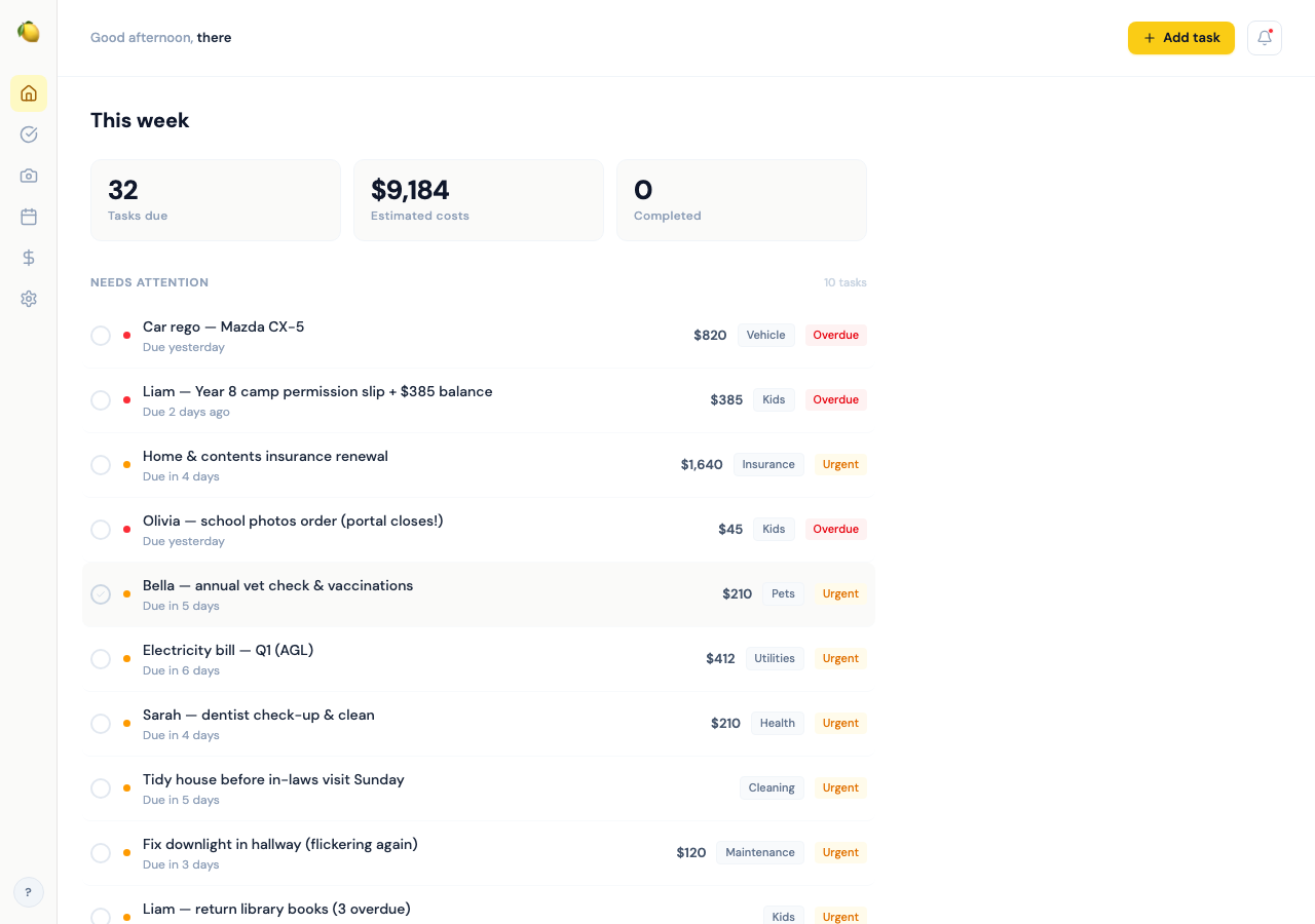 Make Lemons dashboard showing 31 family tasks — overdue car rego, school camp permission slip, insurance renewal, vet appointments, kids chores, and more